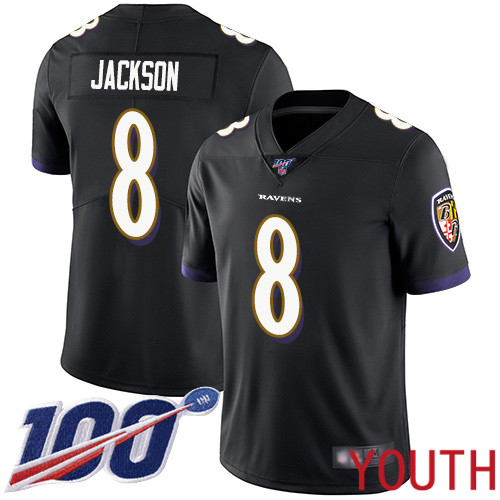 Baltimore Ravens Limited Black Youth Lamar Jackson Alternate Jersey NFL Football #8 100th Season Vapor Untouchable